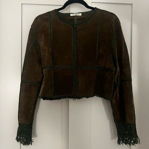 Vintage suede leather green crochet fringe jacket IDI BY Mathew